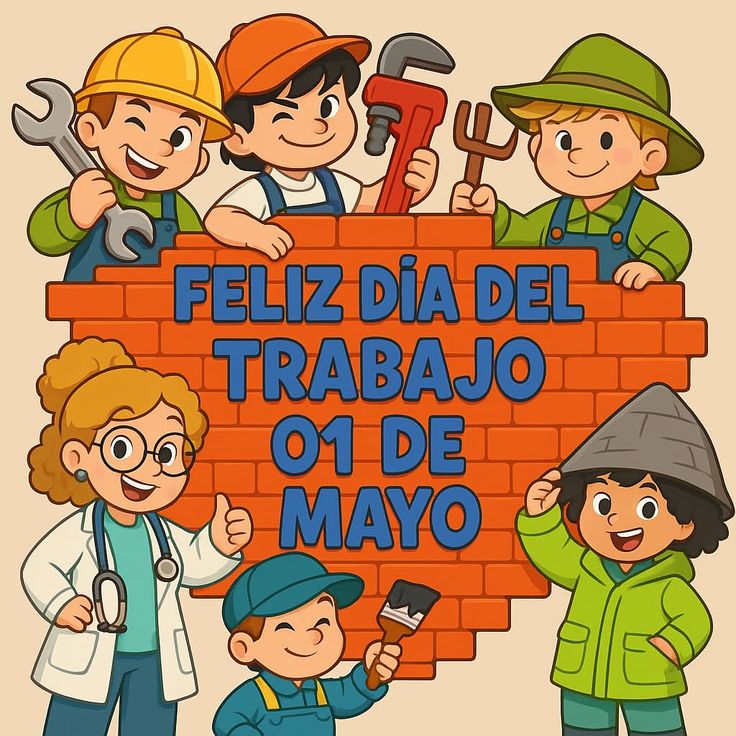Cartoon workers around a brick wall with Spanish Labor Day text, Feliz Día del Trabajo 01 de Mayo