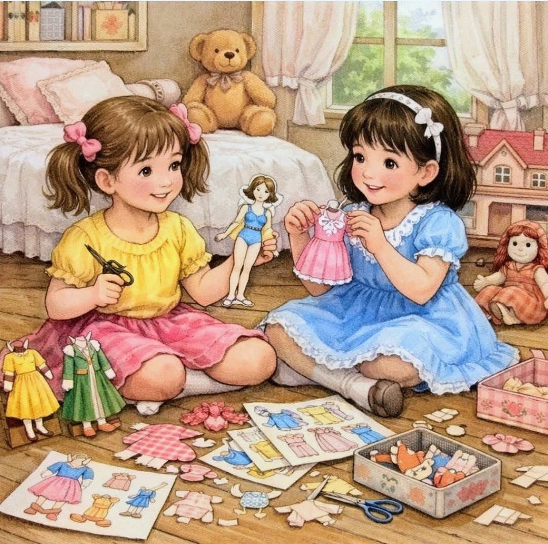 Illustration of two girls in a bedroom playing with paper dolls and paper dresses on the floor