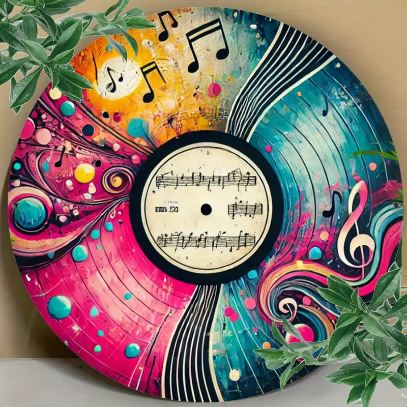 Colorful circular music-themed artwork with piano keys, notes, and vinyl record in radial pattern