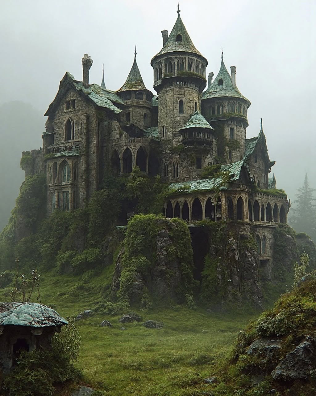 Misty abandoned stone castle with turrets on a grassy hillside