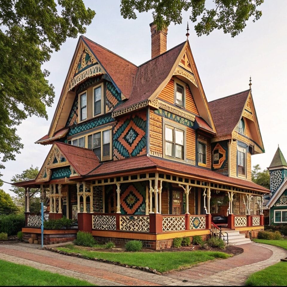 Colorful Victorian house with ornate trim, steep gables, and a wraparound porch