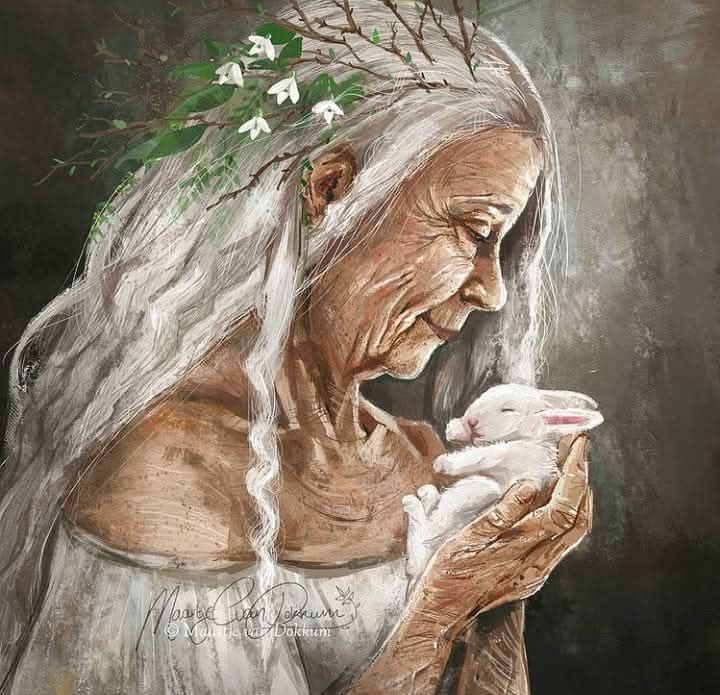 Elderly woman with long white hair and flower crown holding cup in contemplative pose