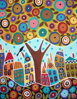 Folk art painting of colorful houses under a tree with circular patterns in sky and ground
