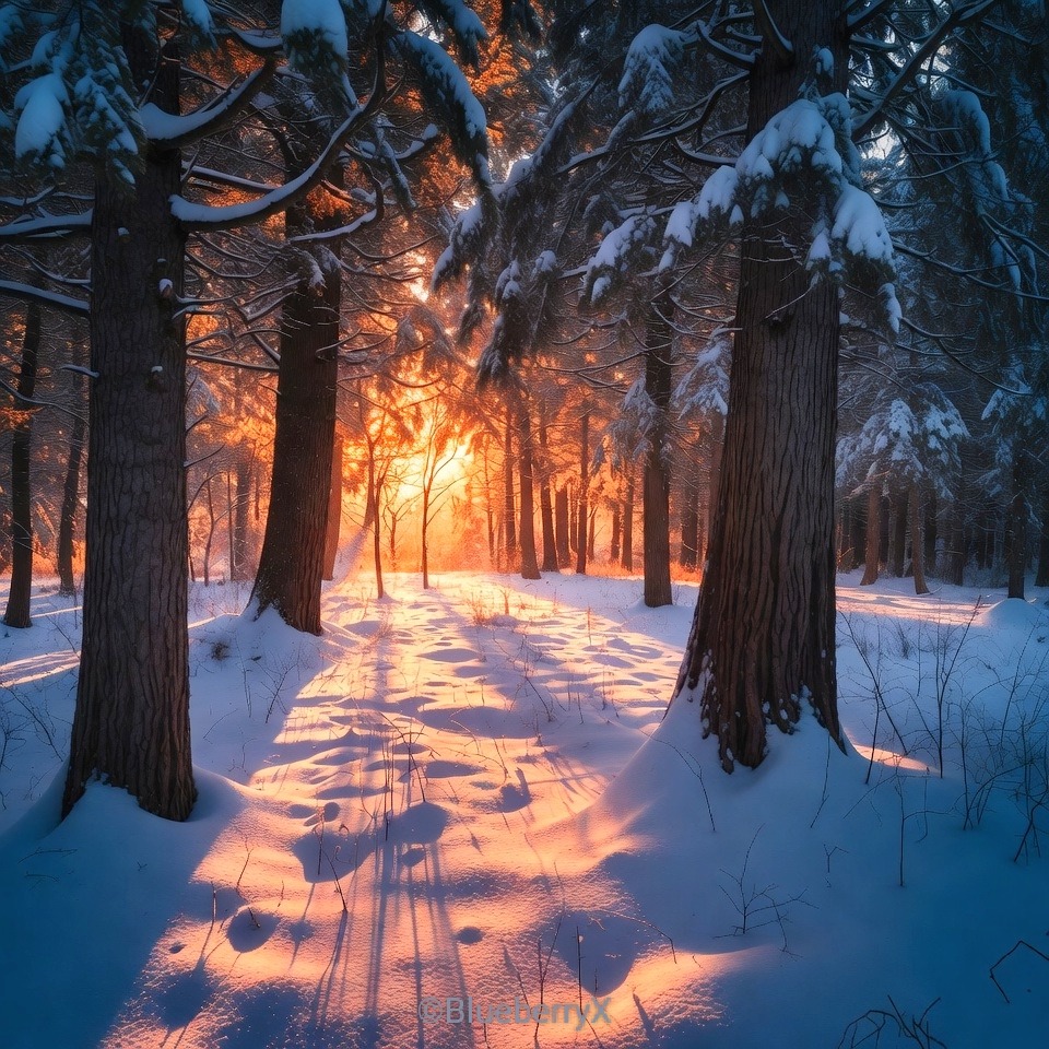 Snowy forest with tall trees and golden sunset light casting long shadows