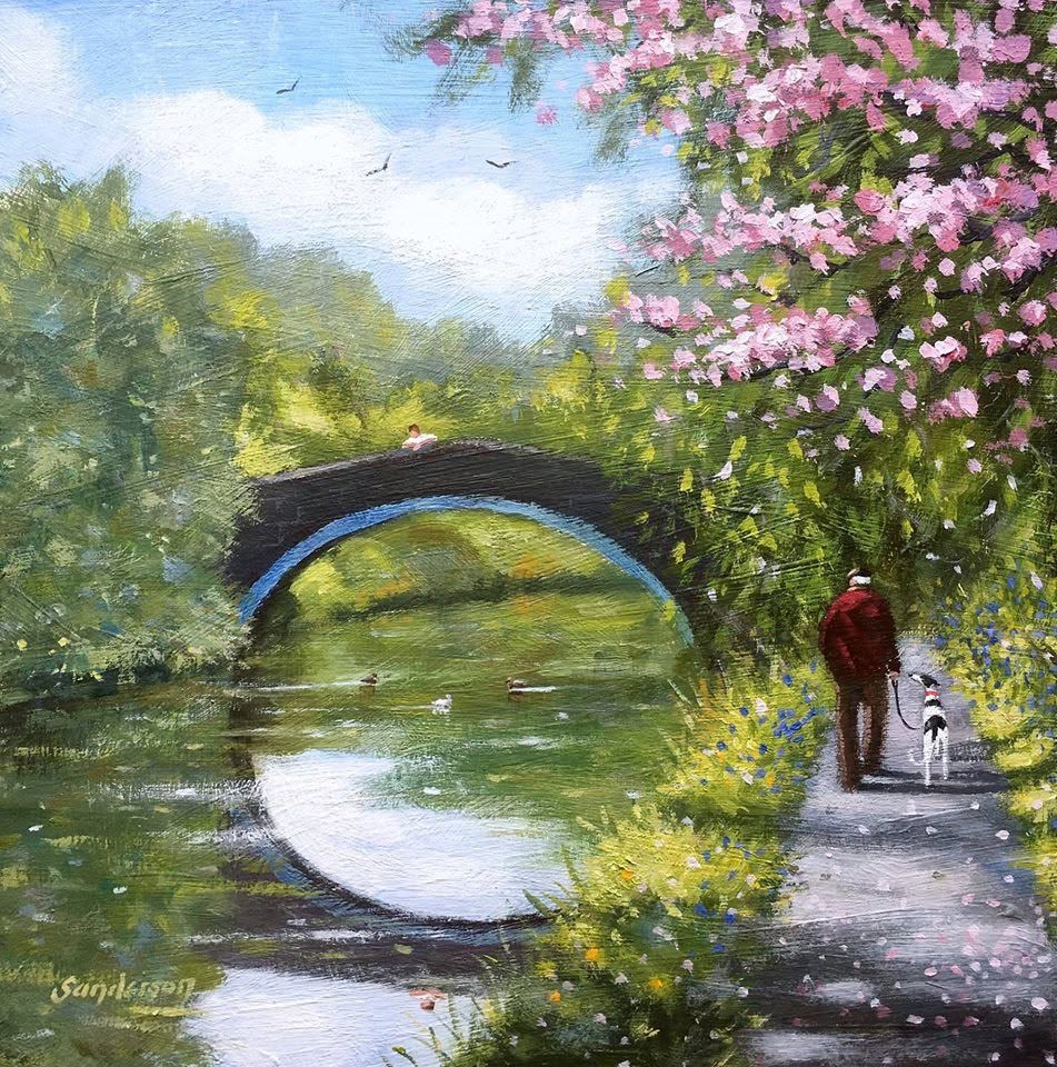 Painting of a stone bridge over a canal with a person walking a dog past pink blossom trees