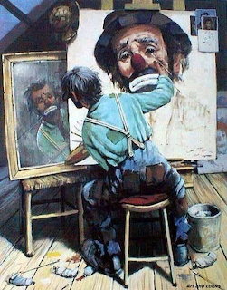 Painting of a sad clown sitting on a stool painting his self-portrait on a canvas