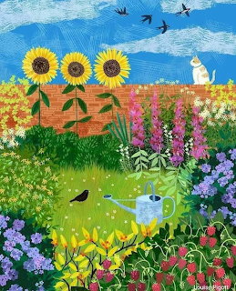 Illustrated flower garden with sunflowers, a white cat, birds, and a watering can by a brick wall
