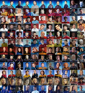 Large grid collage showing dozens of Star Trek characters from multiple TV series in individual portrait squares
