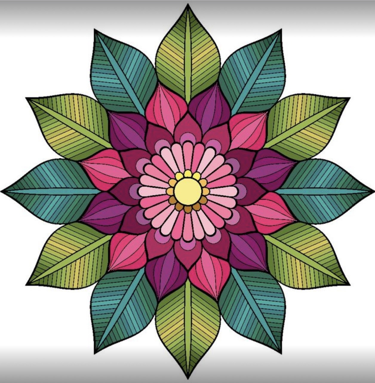 Colorful floral mandala with layered petals and leaves in a stained glass style