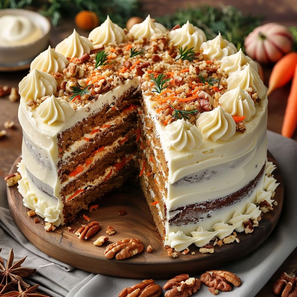 Carrot layer cake with cream cheese frosting, pecans, and a slice removed on a wooden board