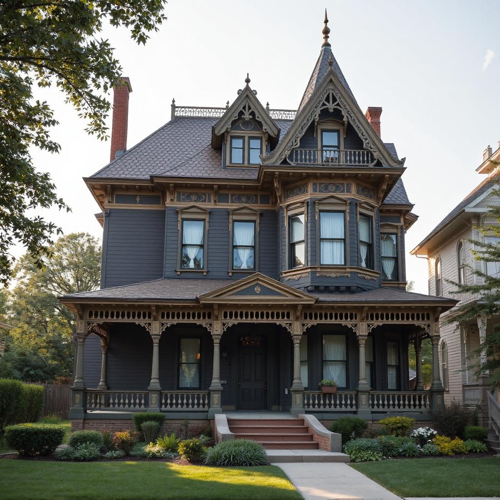 Dark gray Victorian house with ornate trim, wraparound porch, and front lawn