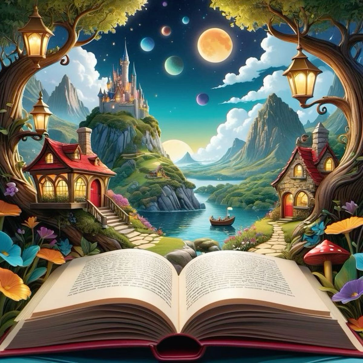 Open storybook revealing a fantasy castle on a mountain with lanterns, butterflies, and moon phases in the night sky