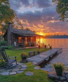 Log cabin beside lake at sunset with wooden dock, chairs on lawn, and colorful sky reflected in calm water