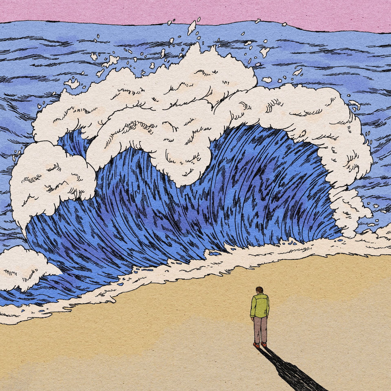 Person on beach facing large stylized blue wave with white foam against pink sky