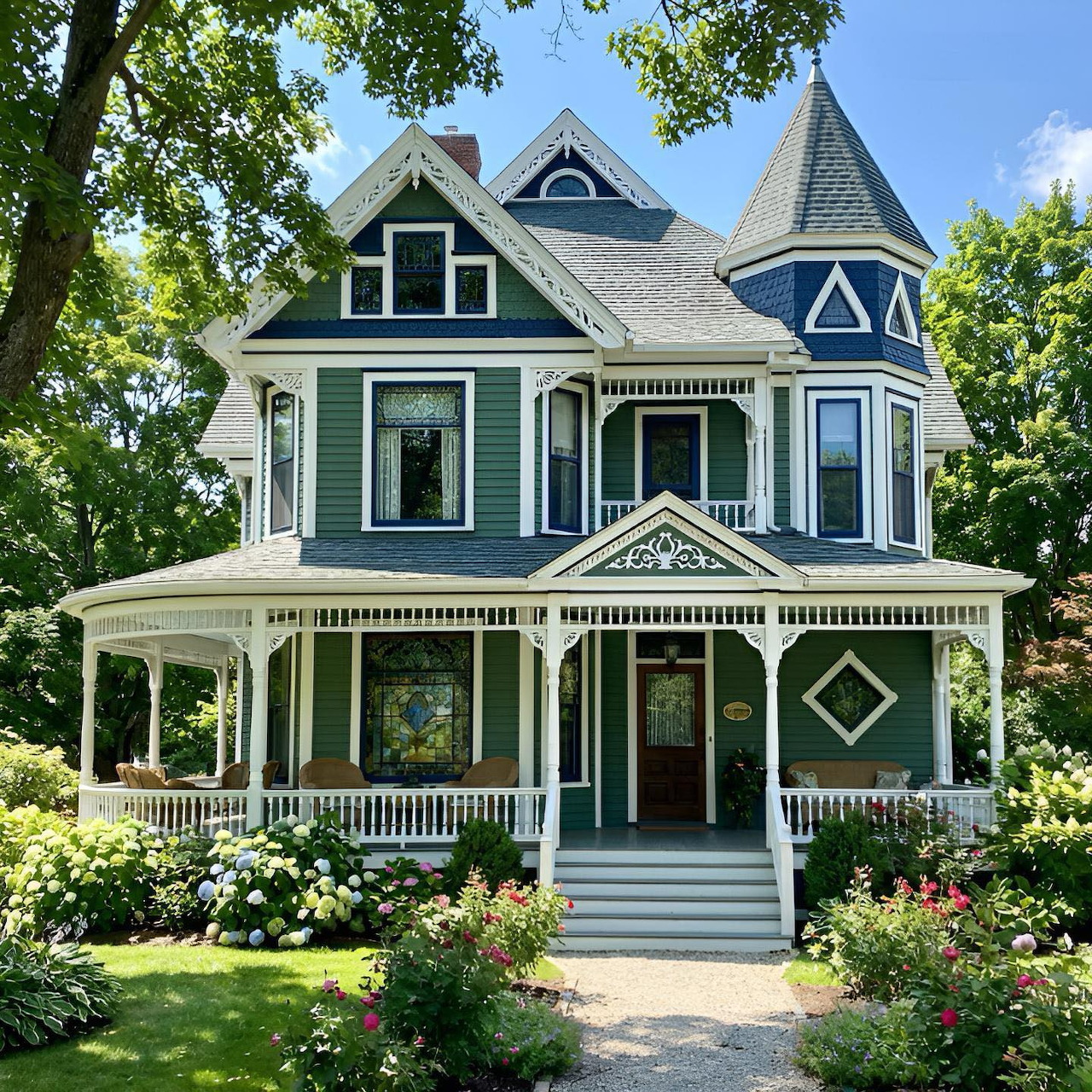 Victorian house with turret, wraparound porch, white trim, and green siding surrounded by landscaped garden