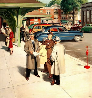 Vintage illustration of people outside a station with classic cars on a city street