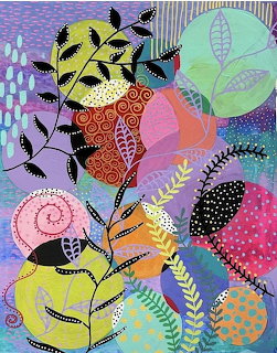 Colorful abstract art with patterned flowers, leaves, and butterflies in purple, yellow, pink, and orange hues