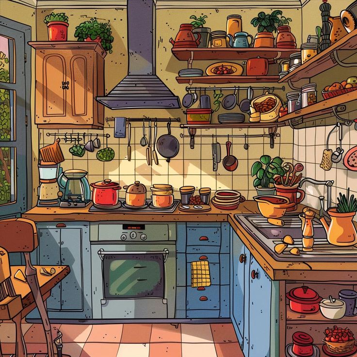Cartoon illustration of a cozy kitchen with blue cabinets, shelves of pots and plants, and checkered floor
