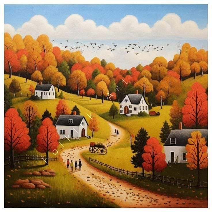 Illustrated autumn village scene with cottages, golden trees, rolling hills, and people on a country path