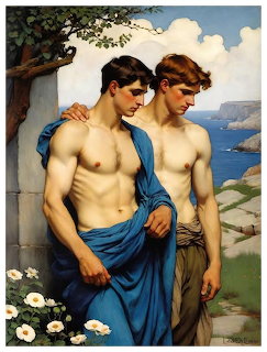 Classical painting of two shirtless young men embracing outdoors near the sea