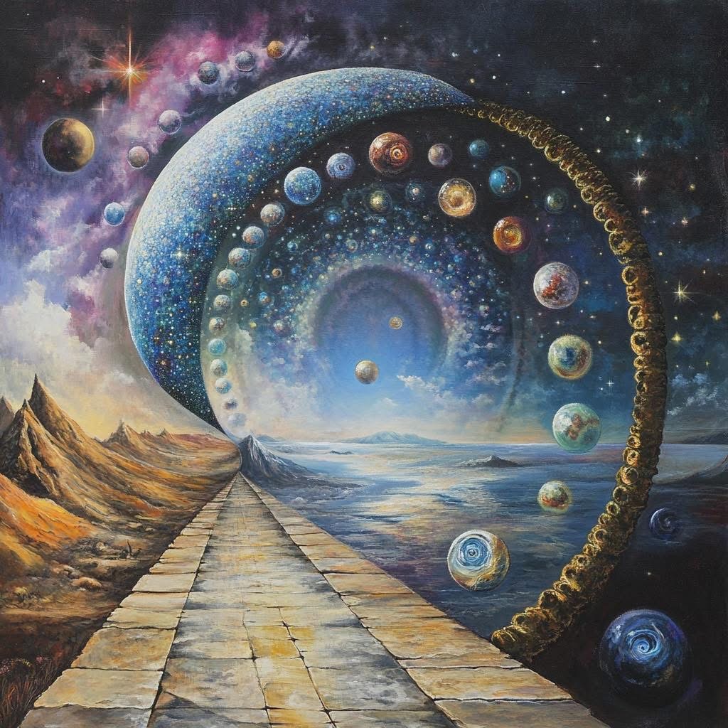 Surreal spiral portal with planets and galaxies above a pathway through a golden desert landscape
