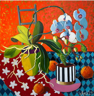 Vibrant still life painting with orchids in pots, fruits, and decorative patterns on orange background