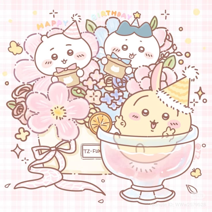 Cute Chiikawa characters with pastel flowers and desserts in kawaii style