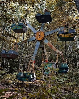 Abandoned rusty ferris wheel with colored gondolas surrounded by overgrown forest trees