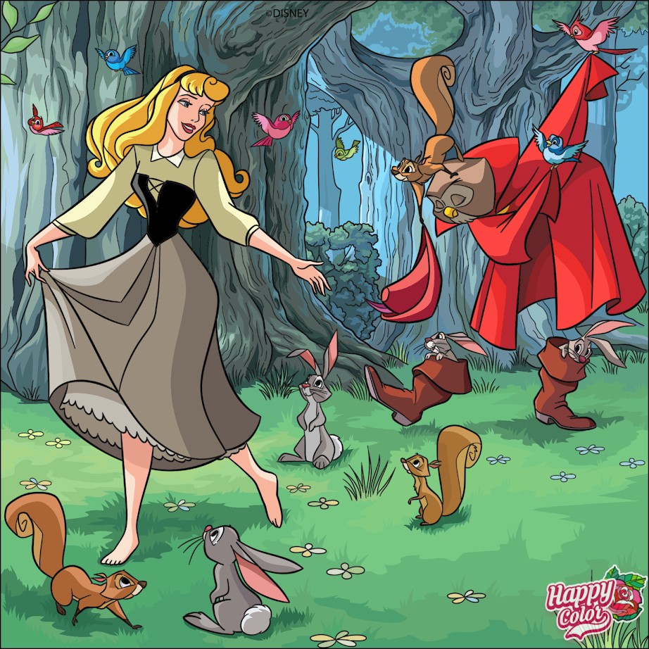 Princess Aurora in black and gray dress dancing with forest animals and birds in magical woodland setting