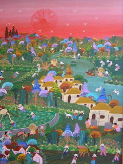 Naif folk art painting of a vibrant village with colorful trees, houses, people, and a pink sky