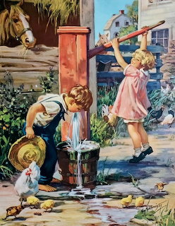Children at a red water pump on a farm with a horse in the background, vintage illustration