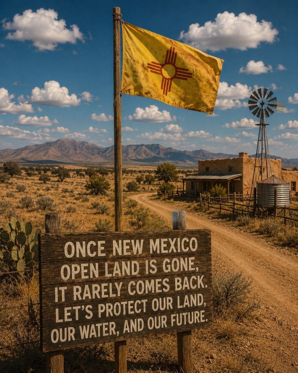 New Mexico flag and conservation sign on a dirt road with desert mountains and windmill in background