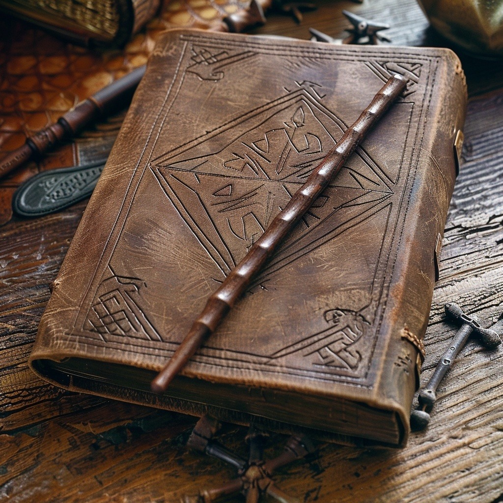 Leather spell book with geometric patterns on cover next to wooden wand on rustic wood table
