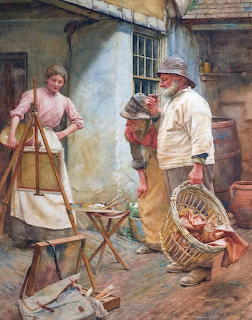 Watercolor painting of Victorian man and woman talking outside cottage with baskets