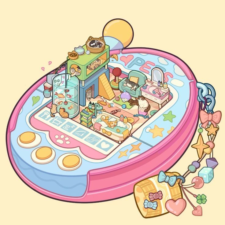 Pastel compact case illustration with miniature rooms, furniture, stars, and hanging charms