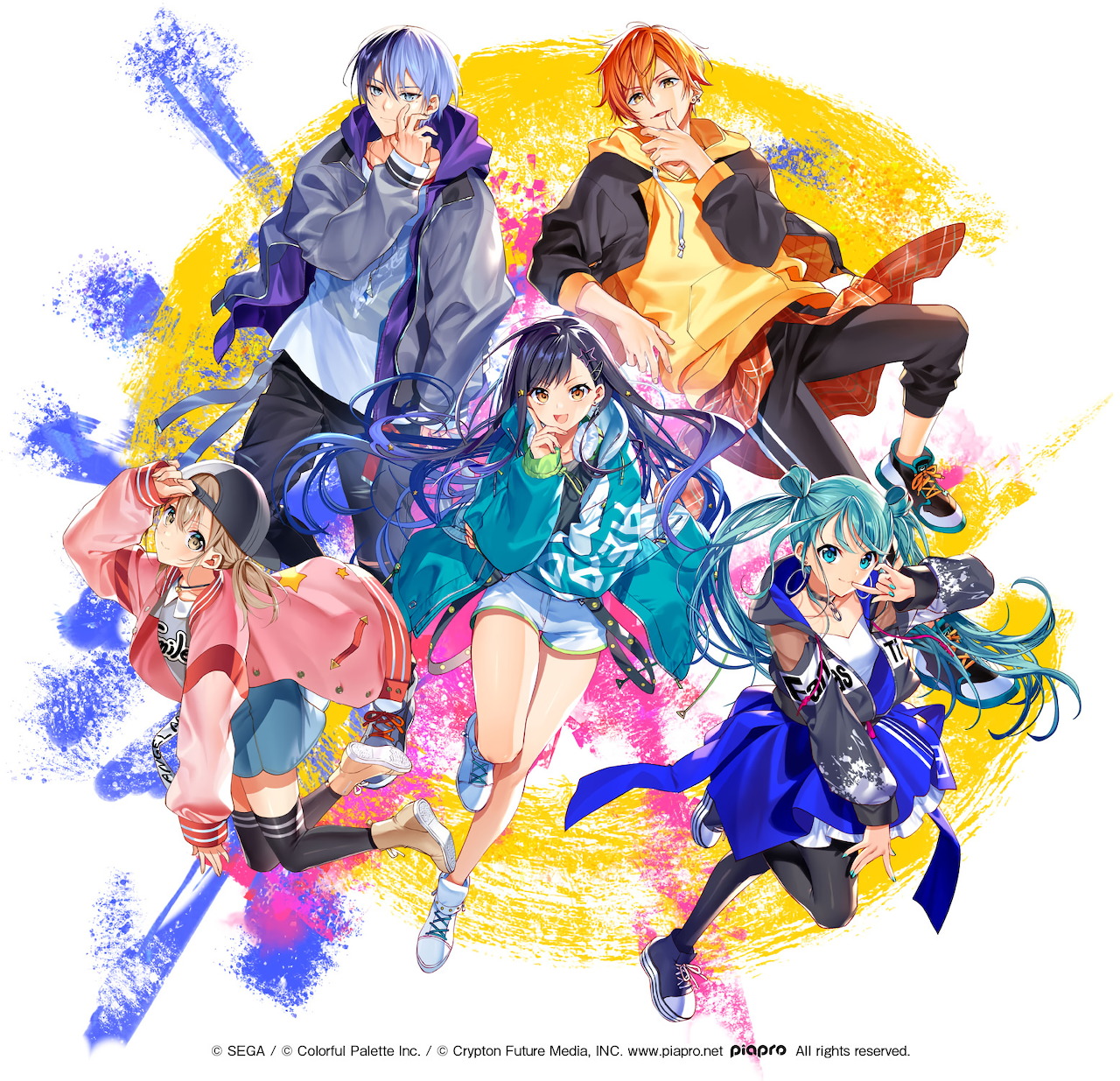 Colorful anime group illustration with five characters and Hatsune Miku on a white paint-splash background