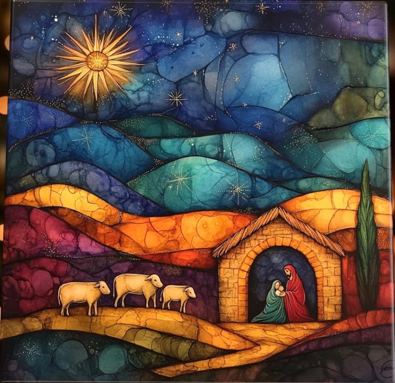 Watercolor nativity scene with Mary, Joseph, baby Jesus in stable under starry night sky with bright star