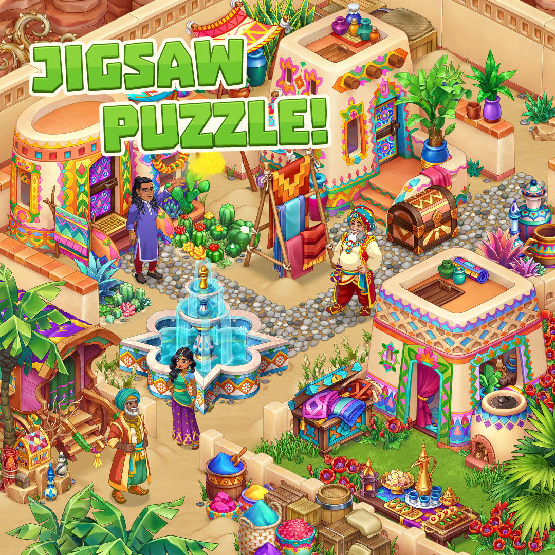 Colorful illustrated courtyard market with people, fountain, rugs, pottery, and ornate buildings