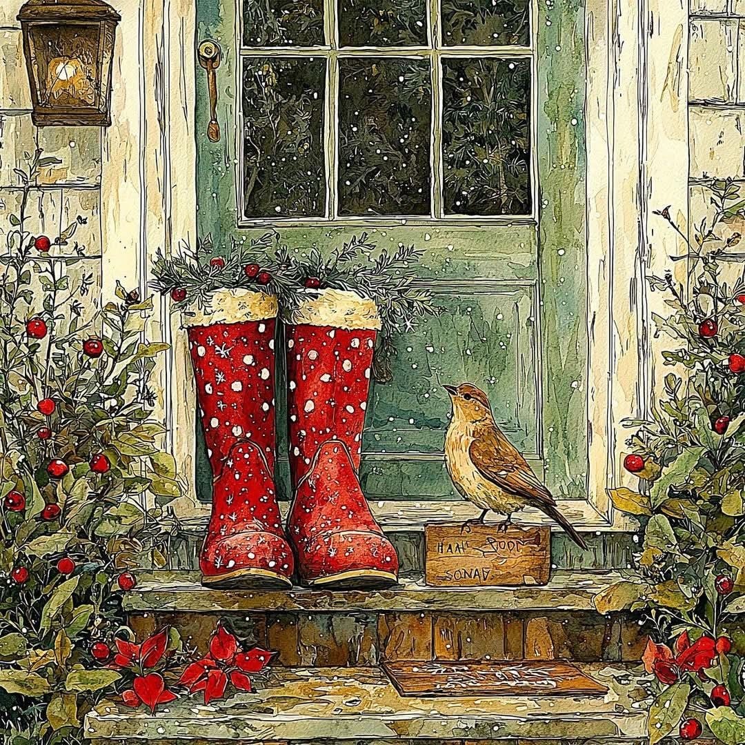 Red Boots on Cottage Doorstep