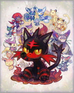 Dark spiky cat with yellow eyes surrounded by colorful Pokemon-style creatures on watercolor background