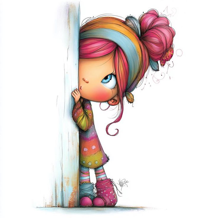 Cute cartoon girl with colorful pink and blue hair peeking shyly behind a pole wearing striped clothing