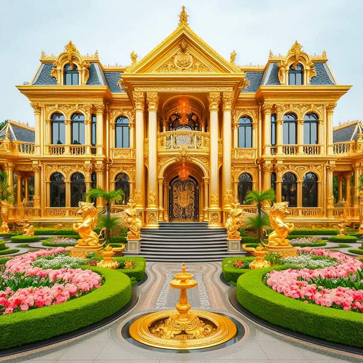 Ornate golden mansion with fountain, statues, and symmetrical flower gardens