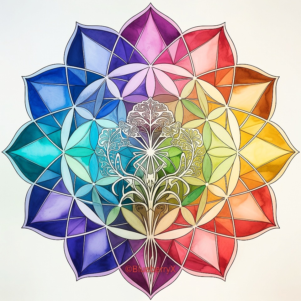 Colorful geometric mandala with rainbow petals and ornate floral center