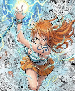 Anime girl with orange hair in blue outfit holding staff surrounded by lightning effects and manga pages
