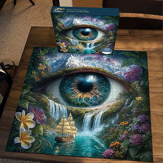 Square puzzle and box on a table featuring a surreal turquoise eye with waterfalls, flowers, and a ship