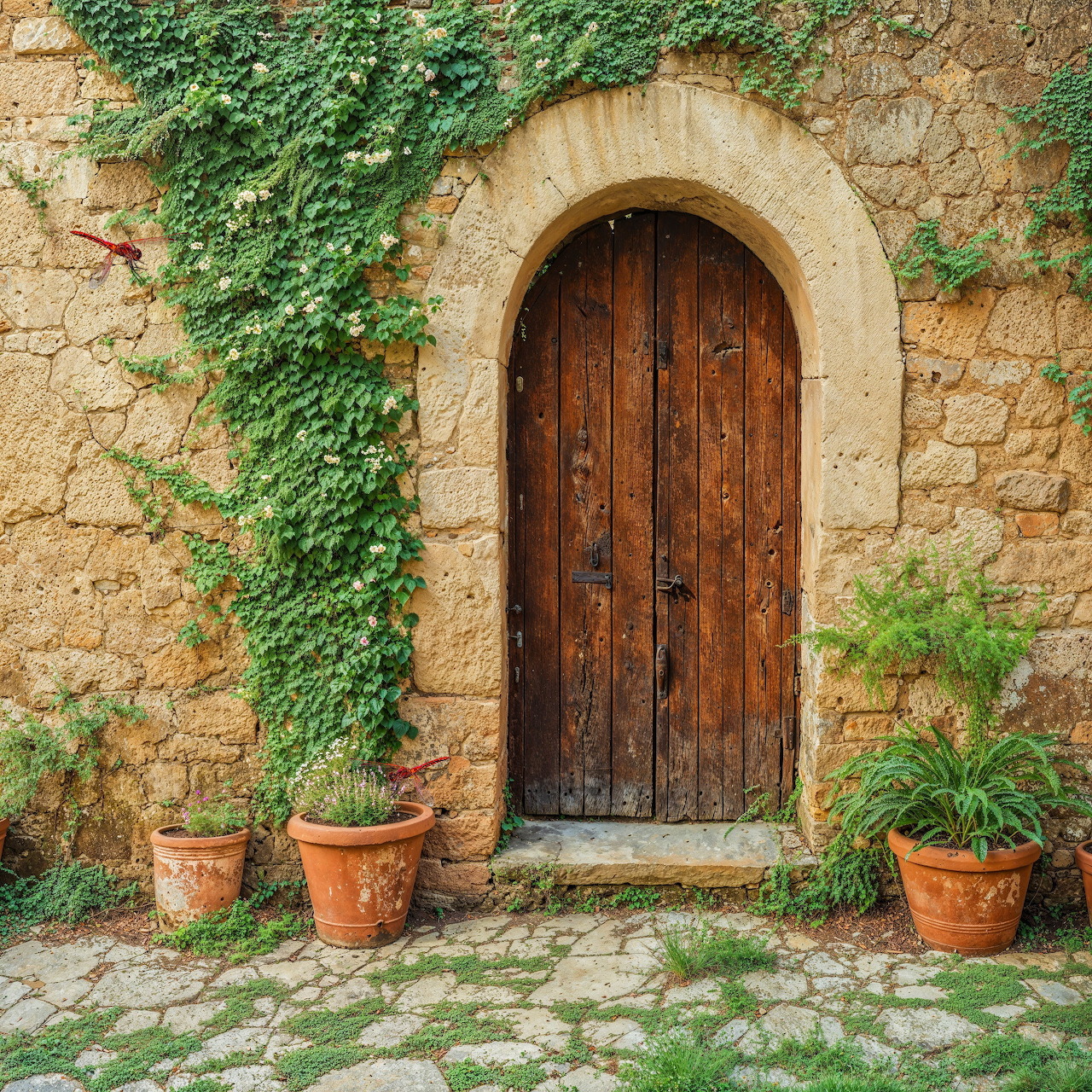 Arched wooden door in ivy-covered stone wall with terracotta planters