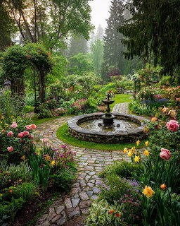 Stone fountain beside a cobblestone path in a lush flower garden with blooming tulips and trees