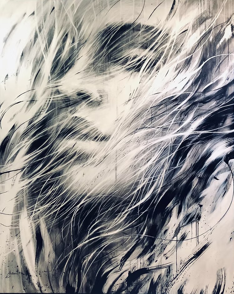Black and white expressive painting of a woman's face with flowing wind-swept hair and dynamic brushstrokes