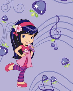 Cherry Jam character from Strawberry Shortcake singing with a microphone on purple musical background
