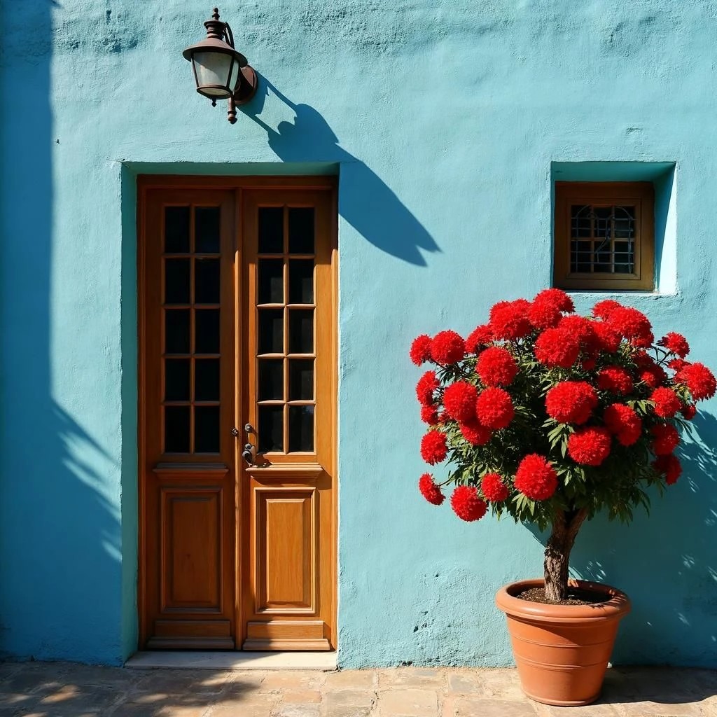 Wooden door on blue wall with red flowers in terracotta pot and street lamp shadow